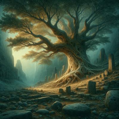 The primary subject of the image is a large tree with a gnarled trunk, surrounded by a forest of trees. The setting is a rocky landscape, with a mountainous background. The visual style is a painting, which creates a dramatic and moody atmosphere. The dominant colors are shades of brown, green, and gray, which contribute to the natural and rugged appearance of the scene.